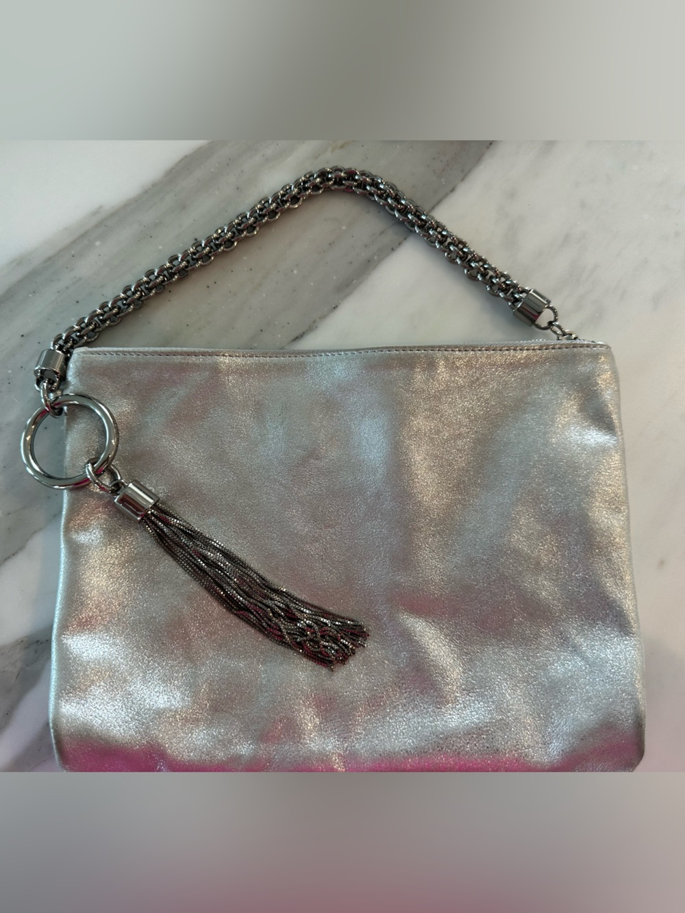 Jimmy Choo Metallic Silver Tassel Clutch